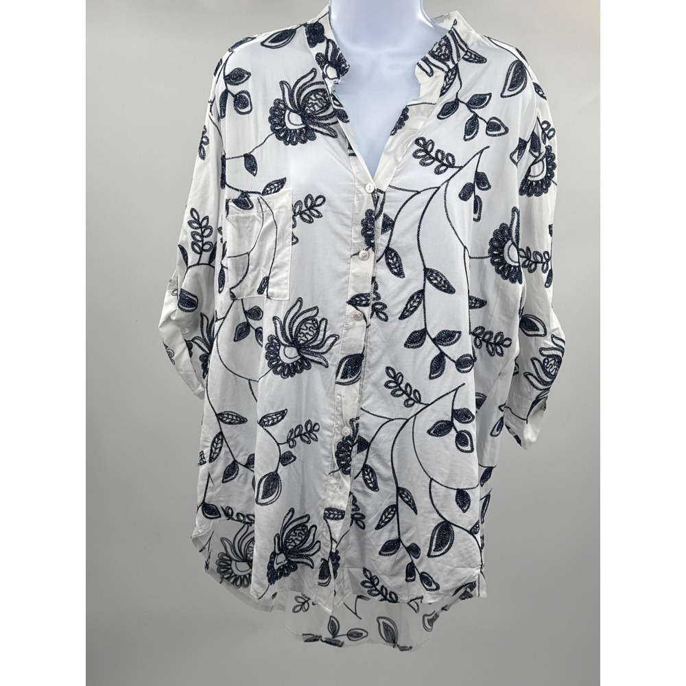 Mermaid Fashion Womens Floral Embroidered Button Down Shirt White Navy Blue S